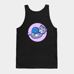 Cute Cat Playing Yarn Ball Cartoon Vector Icon Illustration (2) Tank Top